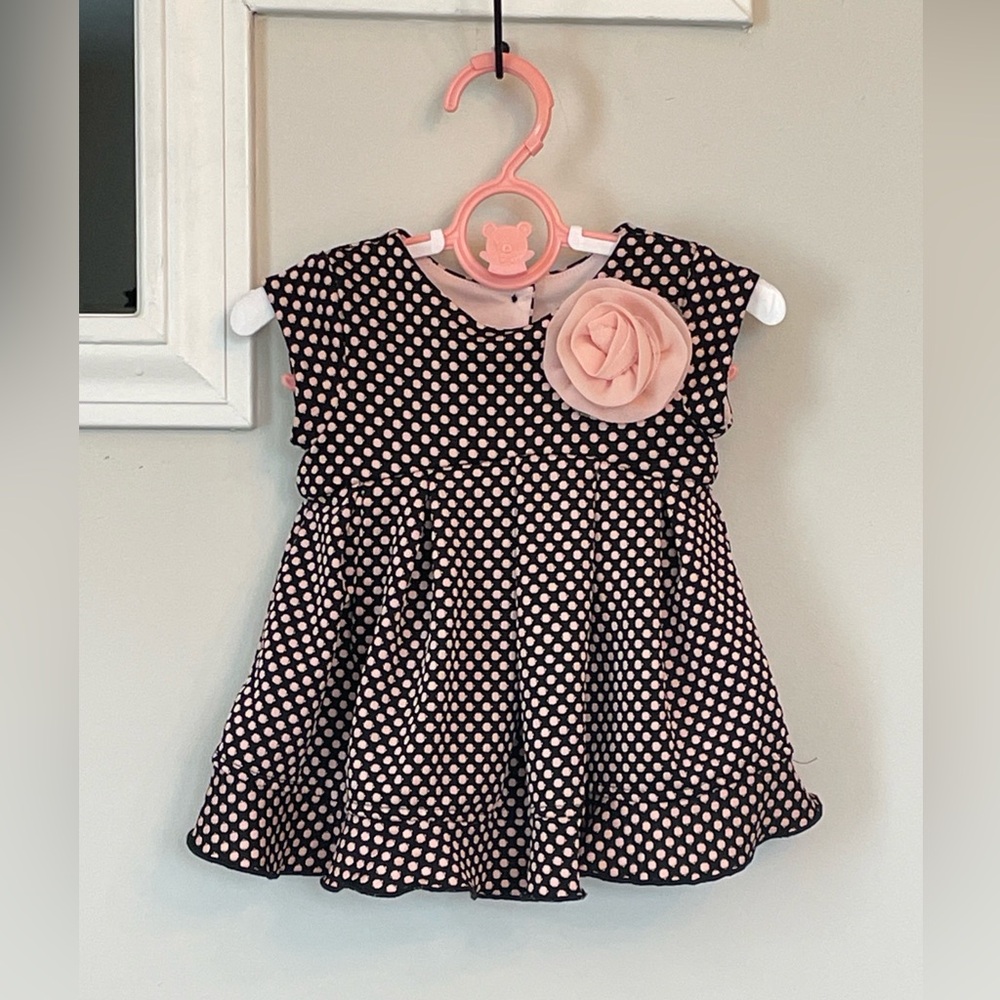 Marmellata Girls' Baby Pink Black Polka Dot Rosette Dress Size 0-3 Months